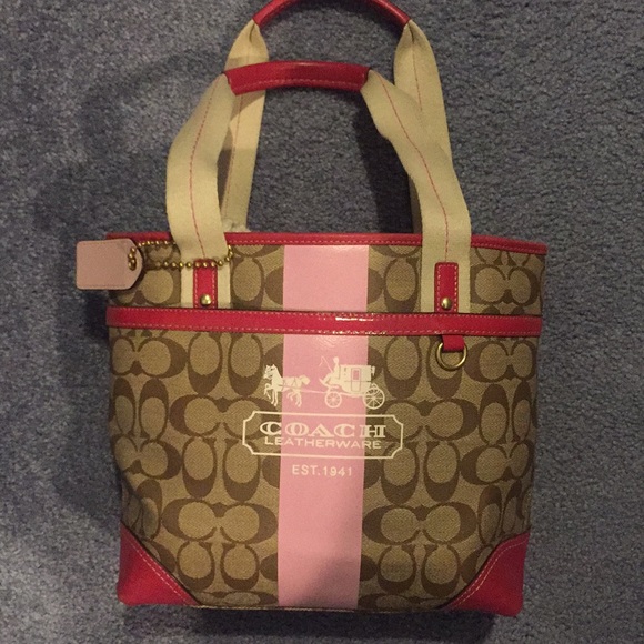 Coach Handbags - Coach heritage stripe small tote in pink and khaki